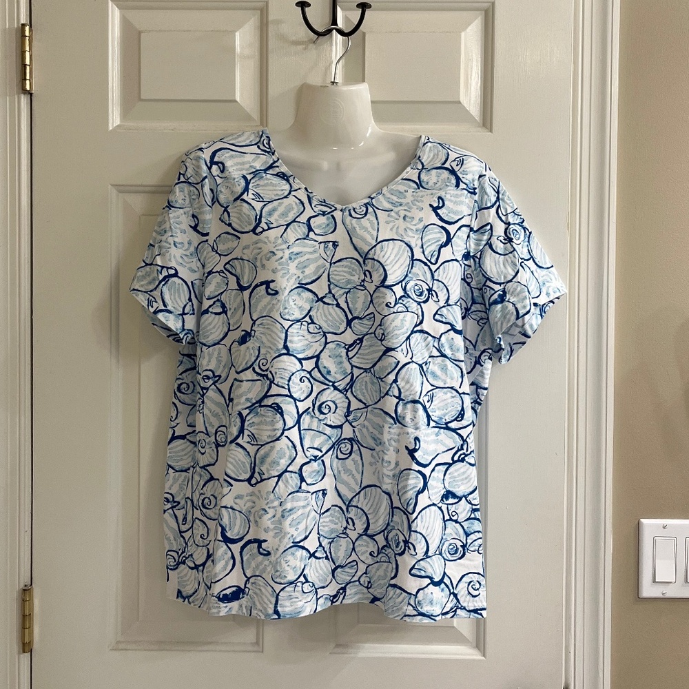 Talbots Blue and White Oyster Print Short Sleeve T Shirt Size 1X
